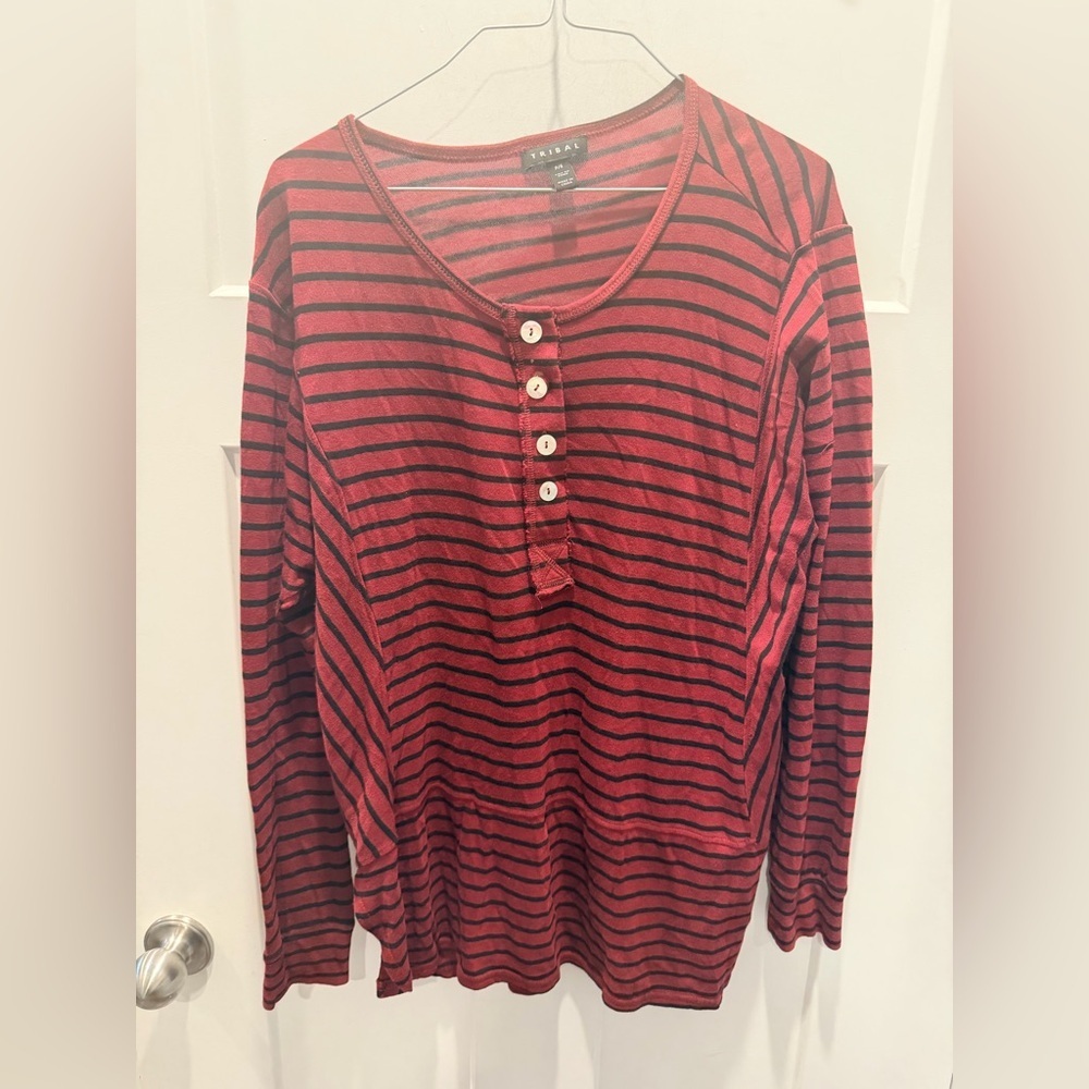 Tribal Striped Henley Top Womens Petite Small Burgundy Long Sleeve Shirt